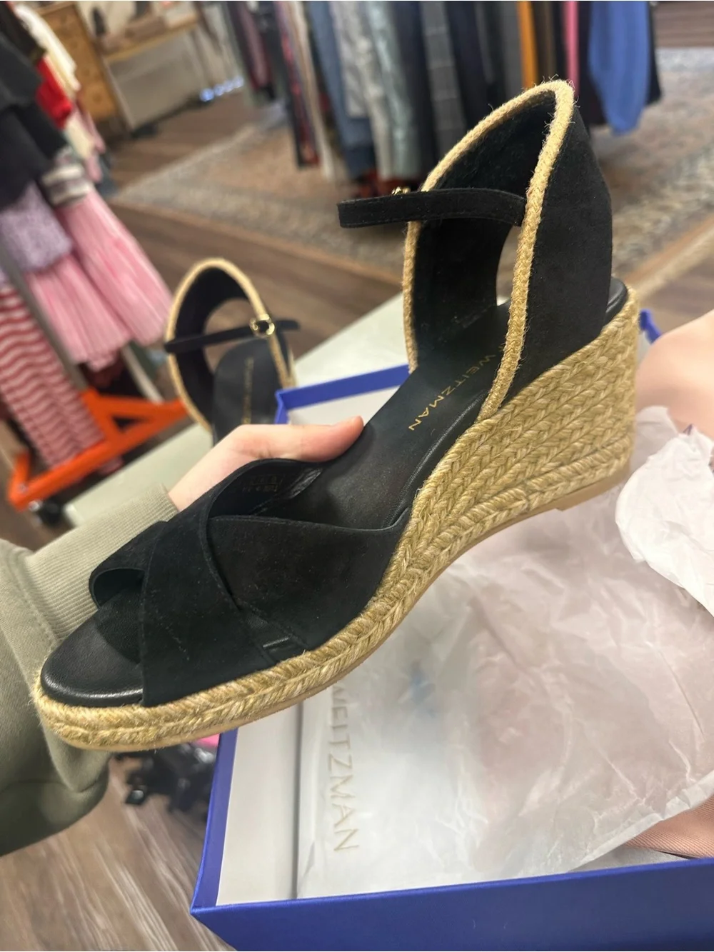 Stuart Weitzman Dayna Suede Espadrille Wedges black leather and jute size 10.5